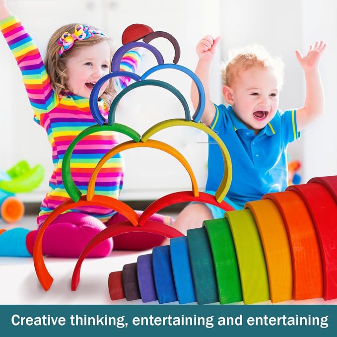 Wooden Rainbow Stacking Toy, 12-Piece Wooden Building Block Set, Wooden Building Block Nesting Puzzle, Early Childhood Matching Education and Learning Montessori Toys 3 4 5 6 Years Old
