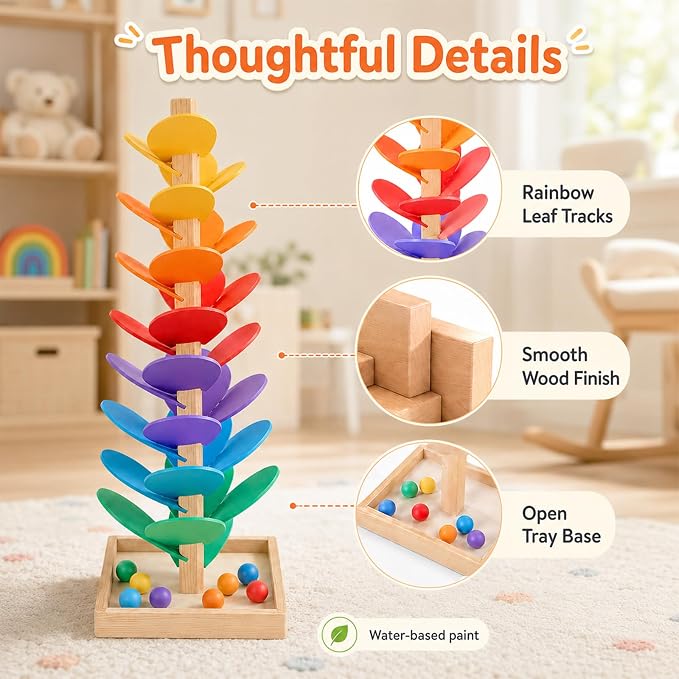 Wooden Music Tree Toy, Montessori Ball Drop Tree with 12 Colorful Wooden Balls, Tracks for Rolling Balls, Ball Run Toy, Fine Motor Skills STEM Gift for Kids Ages 3+