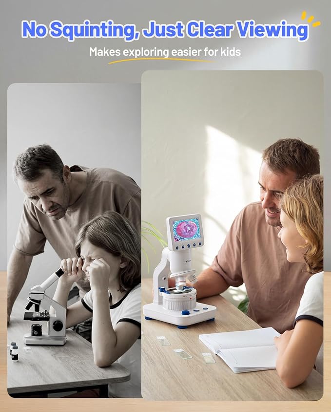 TOMLOV DM302K Microscope for Kids, 800X Science Kit, 4.3" Screen STEM Toy | 12 Prepared Slides, Easy Focus, Beginner-Friendly, Wireless Phone Sharing, USB PC Disply, Photo & Video, Dual LEDs, Ages 6-12