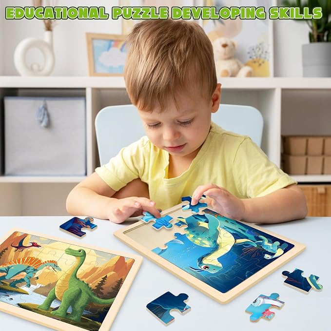 4-Pack Wooden Puzzles for Kids Ages 3-5, 24-Piece Dinosaurs Toddler Set | Toddler Puzzles Ages 3-5, Preschool Puzzles with Wooden Jigsaw Boards for Fine Motor Skills, Shape Recognition and Travel