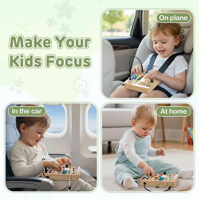 Sanlebi LED Busy Board for Toddlers 1-3,Montessori Toy with Key Switch, Light Up Wood Activity Sensory Board for Fine Motor Skills, Educational Travel Toy Gift for 1 2 3 Year Old Boys Girl
