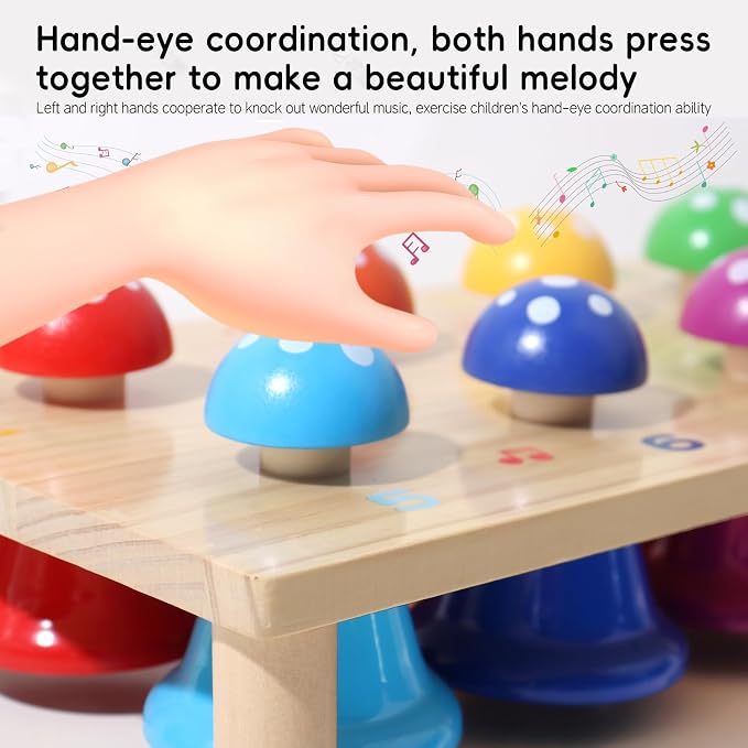 Wooden Mushroom Push Bell Toy, 8 Note Colorful Montessori Musical Toys for Toddlers, Sensory Development Hand Eye Coordination Learning Toy, Baby Musical Instrument Gift for 1 2 3 Year Old Boys Girls