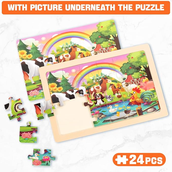 4 Packs 24 PCs Wooden Puzzles for Kids Ages 3-5, Montessori Toddler Jigsaw Puzzles, Preschool Educational Toys Gifts for Children Ages 4-8, Puzzles Boards Toys Gifts Easter Basket Stuffers