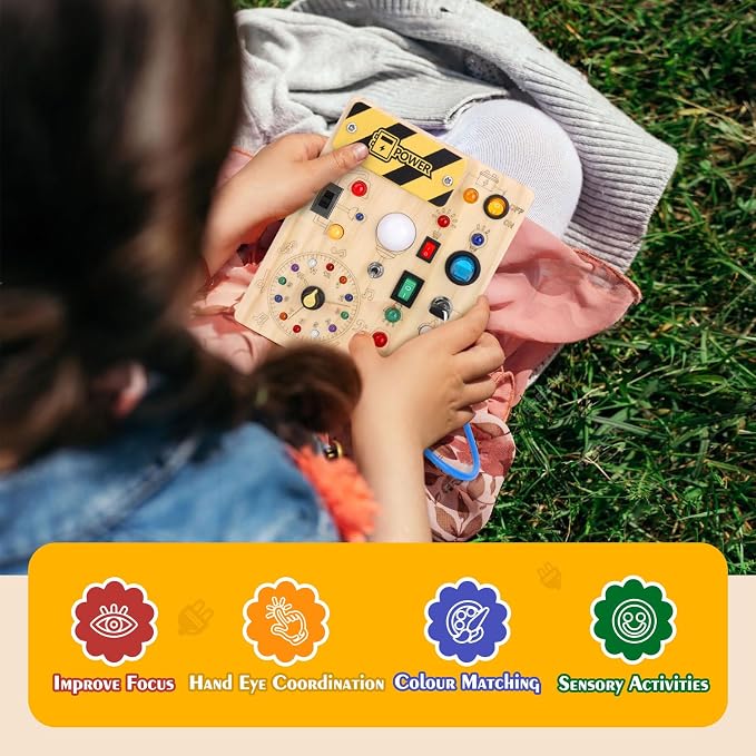 Montessori Toys Clock Wooden Busy Board with 11 LED Light switches, Tooddler Sensory Travel Toys for 1+ Year Old Baby and Toddler