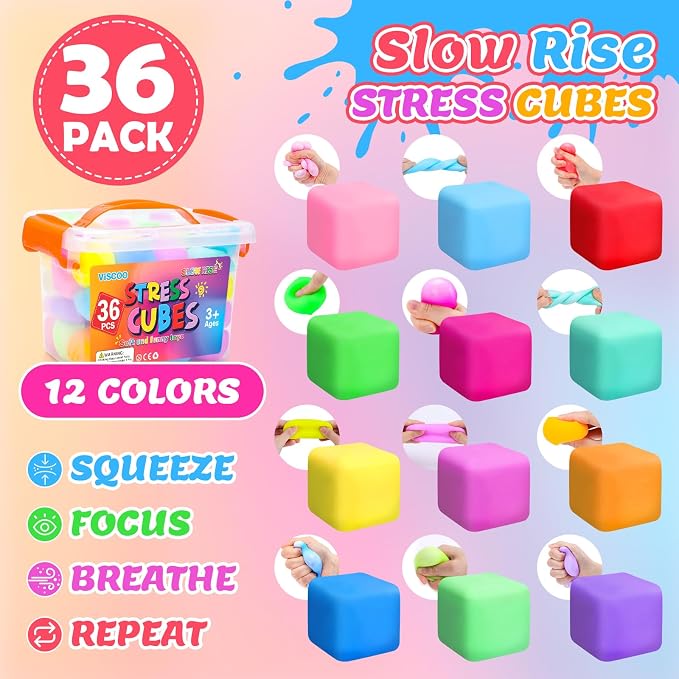VISCOO 36 Pack Slow Rising Stress Cube, Stress Balls Fidget Squishy Toys | Squeeze Toy for Anxiety Relief, Pull Stretch Squishy Ball for Classroom Prize, Party Favors for Kids Adults