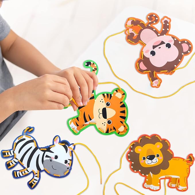 10 Pcs Kids Lacing Cards Double Sided Animal Sewing Cards Kits 10 Styles Lacing Toy Crafts for Toddler Ages 6+ Developing Imagination Preschool Learning Activity Supplies(Jungle Style)