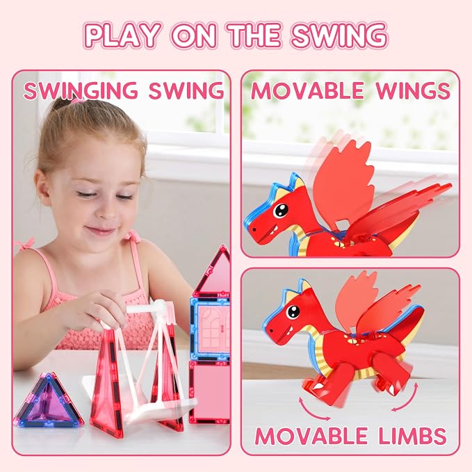 Magnetic Tiles for Kids Age 4-8 with Dragon, 36 Piece Princess Castle Magnet Tiles for Girls, Movable Dragon Sensory Toys for 3+, Creative Construction Building Set for Class, Xmas Gift for Grandkids