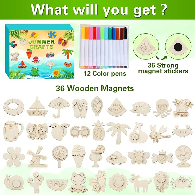 Worgree Summer Crafts for Kids, 36pcs DIY Wooden Magnets Art Craft Supplies | Painting Kit for Boys Girls Ages 4-8 8-12 Birthday Party Gifts Summer Activities School Classroom Prizes