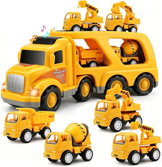 Construction Truck Toys for Toddler 3-4: 5-in-1 Vehicles with Sound Lights | 13 inch Big Carrier 4 Mini Truck - Great for Little Boys Daily Repeat Play - Ideal Christmas Birthday Gifts for Boy Grandkids