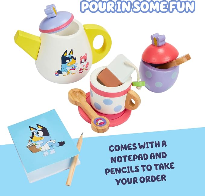 Bluey Wooden Tea Party Set, 18-Piece Toy Tea Set for Toddlers | Includes tray, teapot, cups & more for pretend play; durable wooden Bluey toy for kids ages 3+