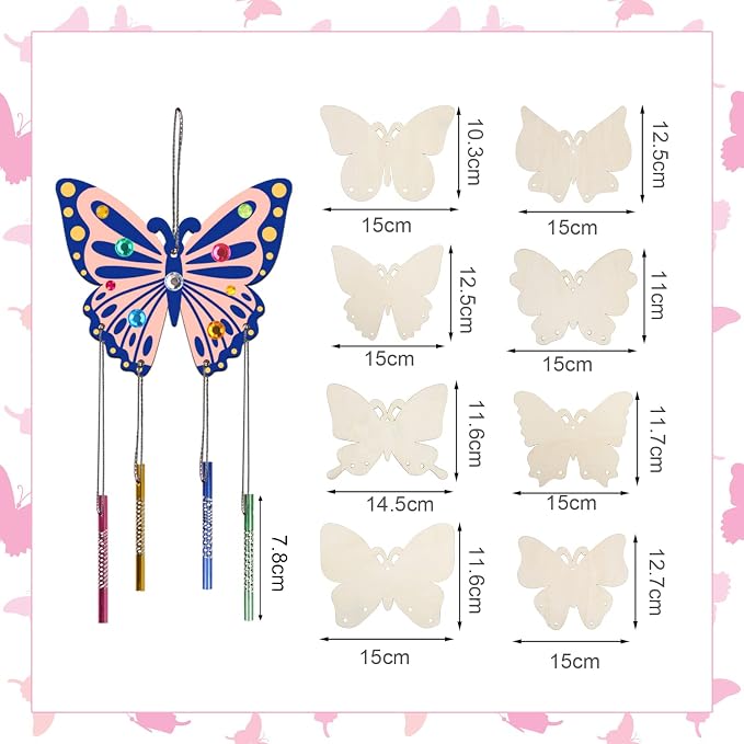 Fennoral 8 Pack Butterfly Wind Chime Kits for Kids | Make Your Own Butterfly Wooden Arts and Crafts DIY to Paint Butterfly Craft for Summer Art Activity Birthday Gift Decoration