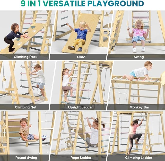 Upgraded Indoor Jungle Gym 9-in-1 Playground Kids Climbing Toys | Waldorf Style Wooden Climber Playset with Slide, Swing, Monkey Bars, Upright/Rope Ladder, Climb Net, Pink