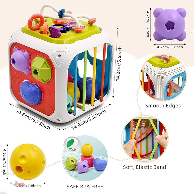 AiTuiTui Multifunction Baby Sensory Montessori Activity Cube Toys, Shape Sorter Early Learning Educational Interactive Toys for Infant Toddlers Boy Girl, Birthday Gifts Easter Basket Stuffers