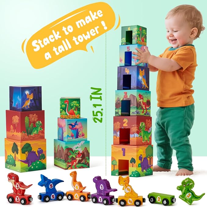 Atoylink Toddler Dinosaur Sorting and Stacking Toys with Magnetic Wooden Dinosaur Train Set, Baby Number Blocks Nesting Boxes Preschool Learning Montessori Toys for 3 Year Old Boys Girls Gift