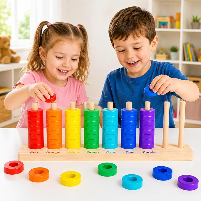 Montessori Wooden Color Sorting Stacking Toys, Montessori Toys Rainbow Rings Game with 70 Pieces, Fine Motor Skills Learning Toy, Educational Preschool Gift for Boys Girls Age 3 4 5+