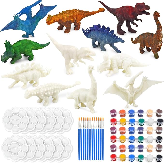 Vileafy Dinosaur Painting Craft Kits, 12 Paintable Dino Figures for Kids | 12 Dinosaur Toys with 36 Colors. Fun DIY Crafts for Birthdays, Classrooms and Party Favors