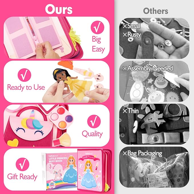 hahaland Princess Busy Book Toddlers 3-5, Dress up Pretend Play Makeup Toys | 3 Year Old Girl Gifts, Toddler Airplane Car Seat Travel Toy Quiet Felt Activity Busy Board for Girls