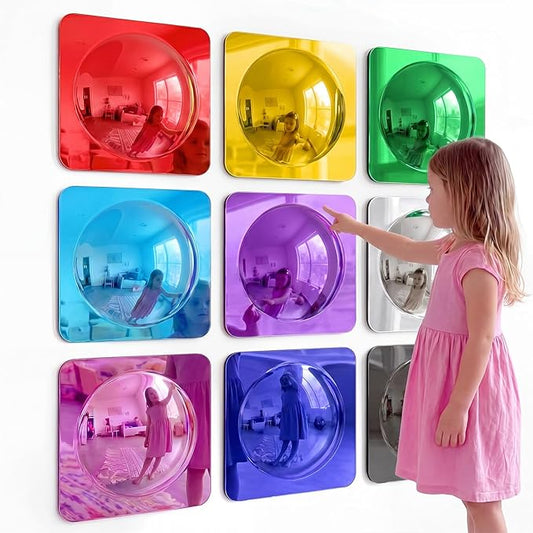 Geiserailie 9 Pcs Sensory Wall Bubble Mirrors, 10 x 10 Inch, CPC Certified | Colorful Acrylic Convex Mirrors, Sensory Room must haves, Classroom Learning Tool, Calming Corner, Preschool Daycare Activity