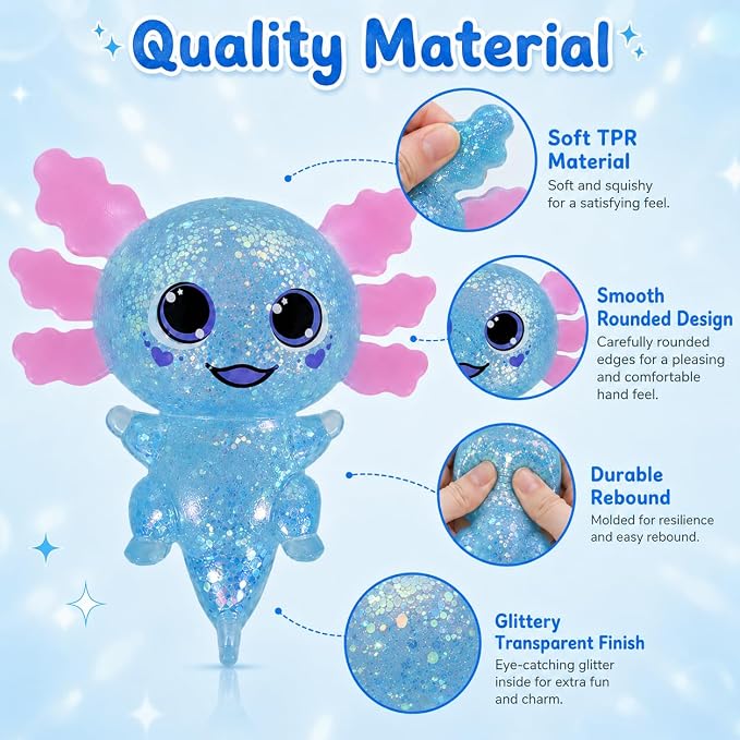 Axolotl Squishy Stress Ball, Soft TPR Slow Rising Squeeze Toy, Cute Axolotl Fidget Toy for Stress Relief, Anxiety Calming Sensory Toy for Kids Adults(Blue BigEars Axolotl)