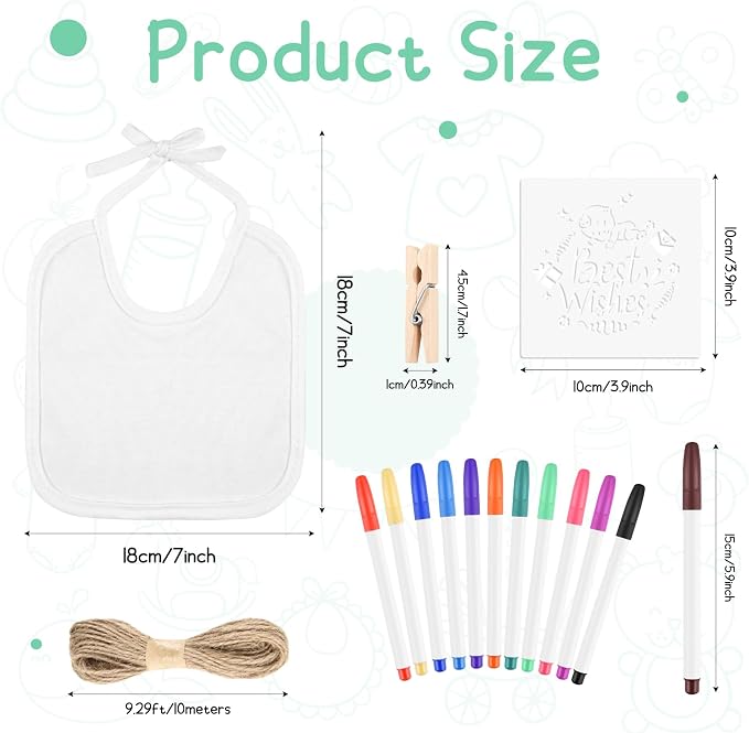 BOUBONI 55 Pcs DIY Baby Bibs Decorating Set Includes 10 White Bibs 12 Fabric Markers 12 Stencils 20 Clothespins 1 Hemp Rope for Baby Shower Games Boys Girls