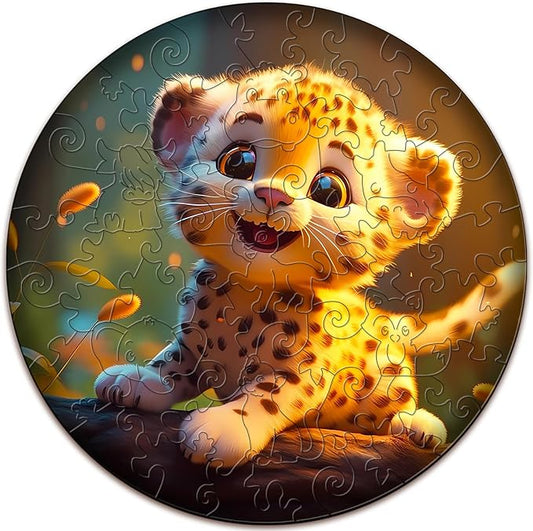 Wooden Puzzles for Kids Ages 6-8, Cute Leopard (50 Pieces) | Unique Animal Wooden Jigsaw, Irregular Cutouts, Home Decor Educational Toy & Christmas Kids Gift, 11.4*11.4 In
