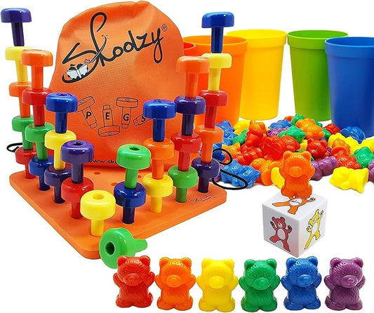 Montessori Peg Board and Rainbow Counting Bears 102 Piece Bundle - Toddler Learning Toys Occupational Therapy and STEM Educational Toys for Kids