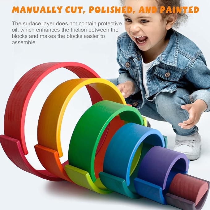 Wooden Rainbow Stacking Toy, 12-Piece Wooden Building Block Set, Wooden Building Block Nesting Puzzle, Early Childhood Matching Education and Learning Montessori Toys 3 4 5 6 Years Old