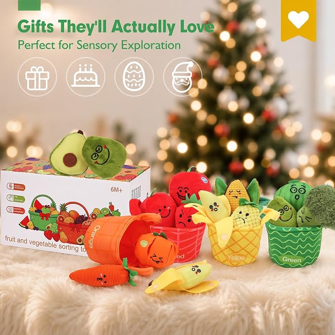 Fruit Vegetable Sensory Toys for Baby 6-12 Months - 16Pcs Plush Sorting Set Perfect for Little Hands to Grasp With Cute Faces, Bright Color Food Crinkle & Rattle, Birthday Gift for 1 Year Old Boy Girl