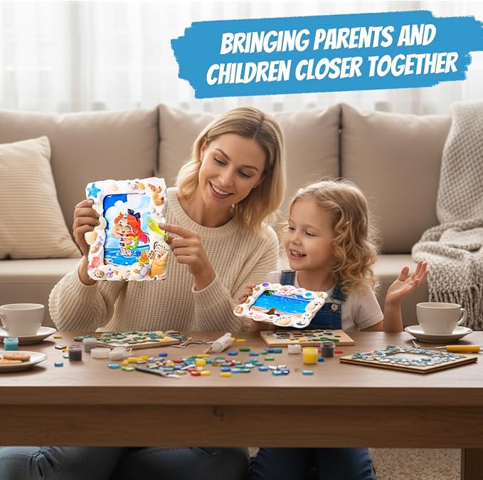 A&H Zier Mosaic Kit 3-Pack 5x7/4x6 DIY Photo Frames Craft for Kids 6+ | Mosaic kit for kids 8-12 3 wooden frames (fit 4x6/5x7) 200+ glass tiles non-toxic glue tools&instructions Fun family activity