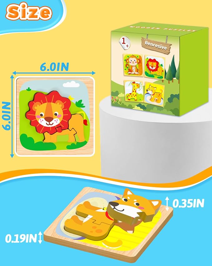 Benresive Wooden Toddler Puzzles, Montessori Toddler Toys for 1 2 Year Old | 4 Pcs Puzzles, 1 2 3 Year Old Girl Boy Great Gifts, Learning Educational Preschool Bolck Toys for 1 2 3 Year Old