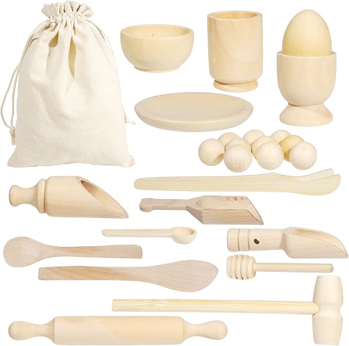 Hiawbon 25PCS Wooden Sensory Bin Tools for Toddlers Sensory Bin Filler | Wooden Pretend Play Sensory Tools Montessori Sensory Wooden Toys Fine Motor Learning Toys for Counting Sorting