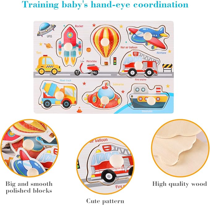 Wooden Peg Puzzles for Preschoolers 3-5, Kids' Educational Preschool Peg Puzzle Toy, Set of 3 Preschooler Puzzles - Traffic, Dinosaur, and Fruit, Ideal Gift for Ages 3 4 5 Boys and Girls