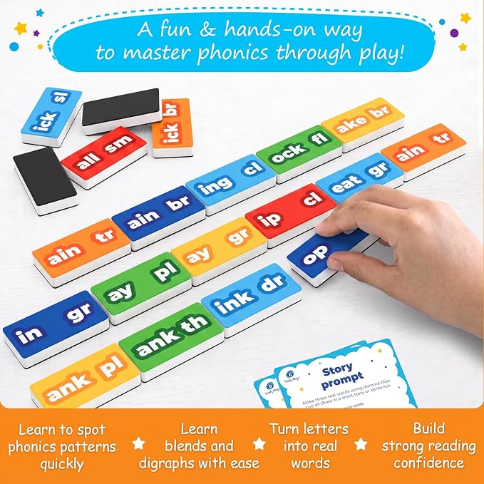 112 PCS Magnetic Phonics Dominoes, Magnetic Phonics Tiles — Simply Magic | Blend and Digraph Games for Classroom & Homeschool, Reading Manipulatives for Kids 6-7-8 years, Phonics Games, Word Building