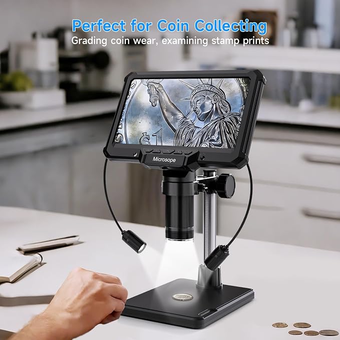 Digital Microscope for Adults Kids 7inch Screen Coin Magnifier Microscopes for Error Coins PCB, Bugs, STEM Learning, Soldering Electronics Microscopes Camera