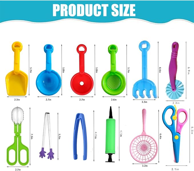 12 Pcs Sensory Bin Filler,Sensory Bin Tools, Fine Motor Skills Handy Scooper Set with 5 Scoops, Plastic Tweezers, Silicone Tongs, Beach Shovels, Air Pump, Scissors Clip