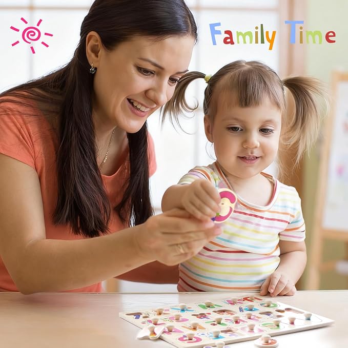 Wooden Peg Puzzles for Toddlers, 6 Pack Toddler Puzzles Set for 3 4 5 Years Old, Preschool Education Learning Puzzle Toys for Girls and Boys (Alphabet Number Animal Vehicle Fruit Occupation)