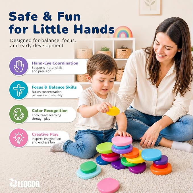 LEOGOR Extra-Large Wooden Stacking Rocks (20 PCS) – Montessori Balancing Stones for Toddlers 1-3 – Safe Sensory Open Ended Play Toys & STEM Building Blocks for Boys & Girls