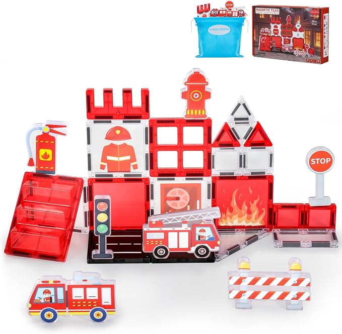Firefighter Magnetic Tiles for Toddlers 3-5 – STEM Building Blocks Set with Fire Truck, Hydrant, Extinguisher & Storage Bag, Fire Station Creative Play for Boys & Girls, Christmas Birthday Gift