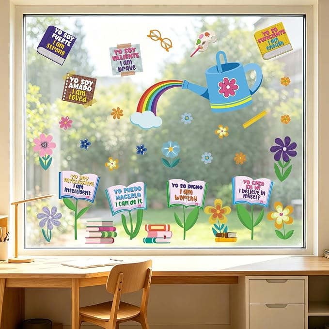 LHIUEM Positive Self-Affirmations Wall Sticker Boho Flower Book Wall Decal | Inspirational Quote Window Clings Colorful Mental Health Therapy Decoration Bulletin Board Vinyl Sticker for Classroom