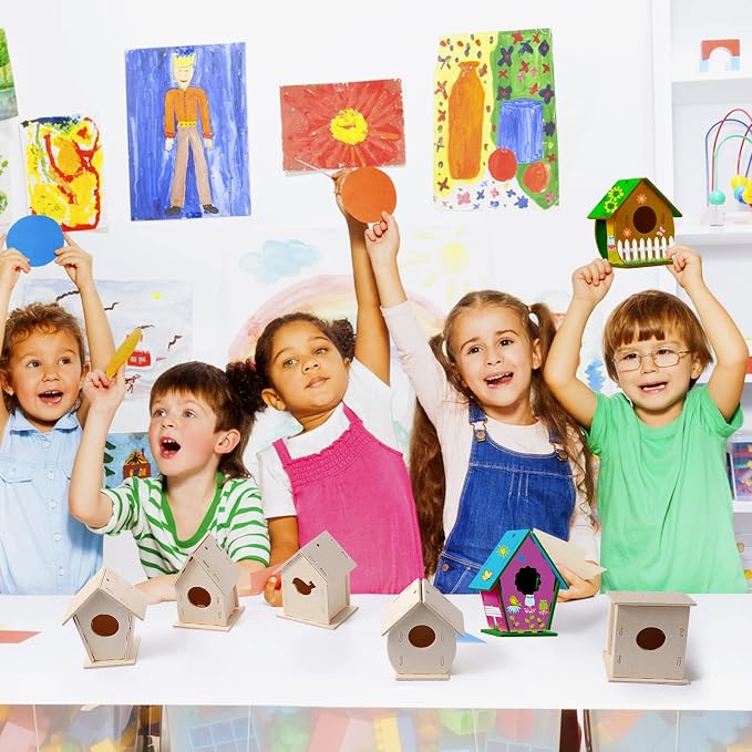 Sawysine 107 DIY Birdhouse Kits, Wooden Bird House Multiple Entrance | 48 Wooden Bird House Kits in 6 Shapes and 57 Butterfly Sticker for Children Fall Craft Activity Art DIY Project