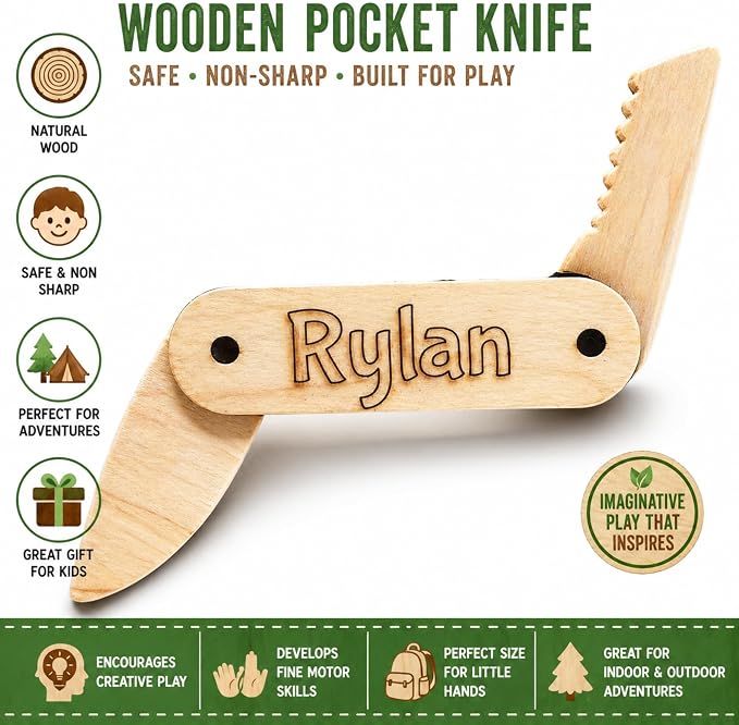 Personalized Wooden Pocket Knife Toy for Kids | Pretend Play Folding Camping Toy | Children Adventure Toy | Outdoor Explorer Gift for Boys & Girls Ages 3+