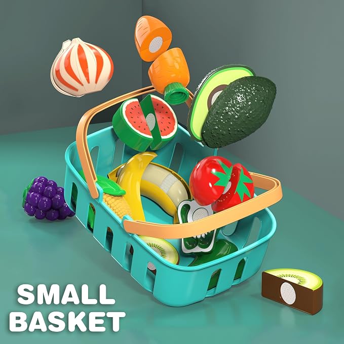 Cutting Play Food Toys for Kid, Pretend Play Kitchen Accessories, Fake Food | Fake Fruits/Vegetables Set With Shopping Storage Basket, Plastic Board And Knife, Birthday Gifts/Educational Toy For Toddler