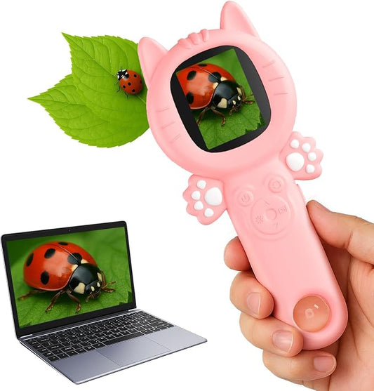 PHNIXGAM Kids Microscope Camera, 500X Handheld 2" IPS Screen, A Pink Cat | 2-in-1 design, supports multiple viewing angles, outdoor STEM toy, birthday gift for boys/girls 3-10, rechargeable/portable