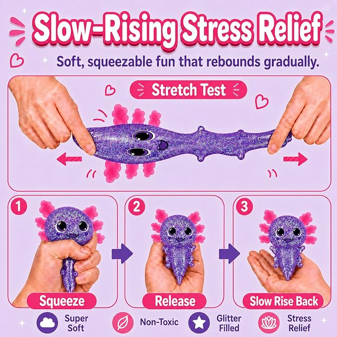 Axolotl Squishy Stress Ball, Soft TPR Slow Rising Squeeze Toy, Cute Axolotl Fidget Toy for Stress Relief, Anxiety Calming Sensory Toy for Kids Adults(Purple BigEars Axolotl)