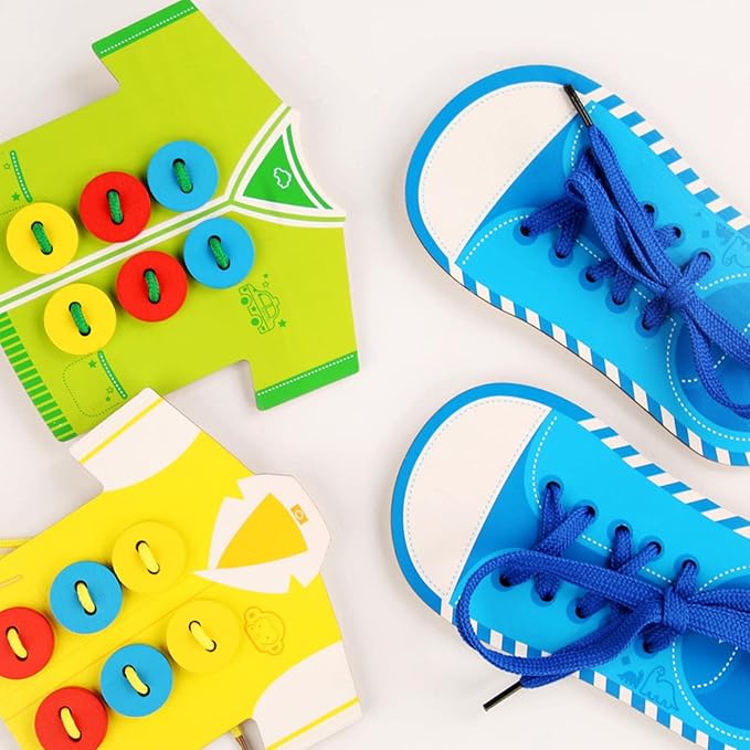 predolo Kids Wooden Threading Toys Lacing Shoes Creative Puzzle Games Develop Imagination, Blue