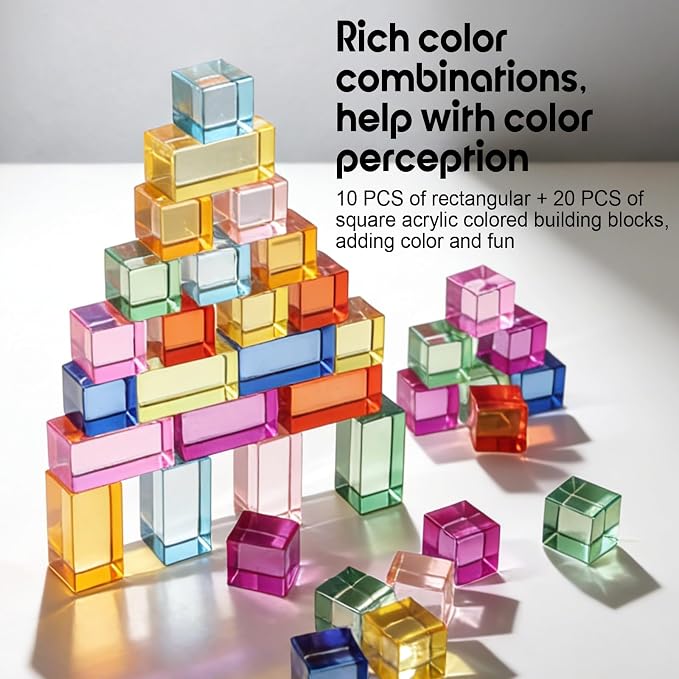 Dinhon 100Pcs Wooden & Transparent Acrylic Building Blocks Set, Beech Wood Stacking Blocks with Storage Bag, Sensory Light Construction Toy, Montessori Educational Gift for Toddler Kids 2-6 Years Old