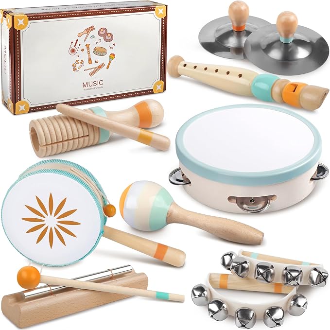 Baby Musical Instruments - Montessori Wooden Musical Toys for Toddlers Kids | Tambourine Percussion Instruments Set, Preschool Music Learning Sensory Toys, Educational Birthday Gifts for Boys Girls