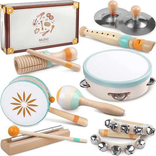 Baby Musical Instruments - Montessori Wooden Musical Toys for Toddlers Kids | Tambourine Percussion Instruments Set, Preschool Music Learning Sensory Toys, Educational Birthday Gifts for Boys Girls