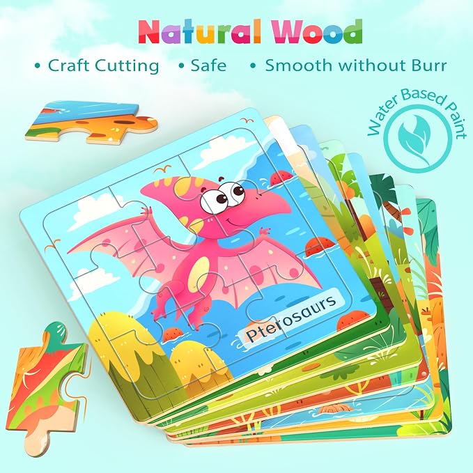 Zeoddler Wooden Puzzles for Toddlers, 8 Pack Dinosaur Jigsaw Puzzles for Kids3-5, 9 Pieces Preschool Learning Activities, Learning & Educational Puzzles, Gift for Boys, Girls