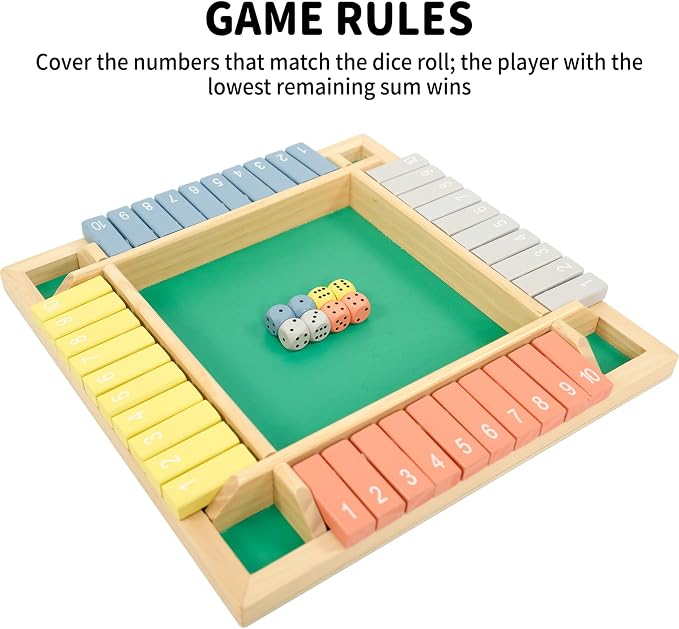 WOOD CITY Shut The Box Game Wooden 4 Player, Classic Board Game for Kids & Adults, Educational Math Learning Toy, Table Dice Game for The Party Family or Bar - 12 Inch with 8 Dice Morandi Color